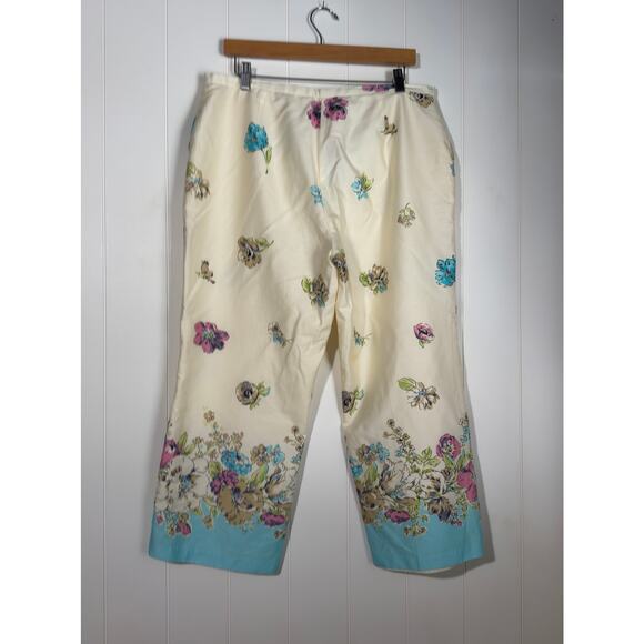 Oscar de la Renta Size 14 Wide Leg Crop Pants Cream Turquoise Floral Print Lined - Picture 5 of 7